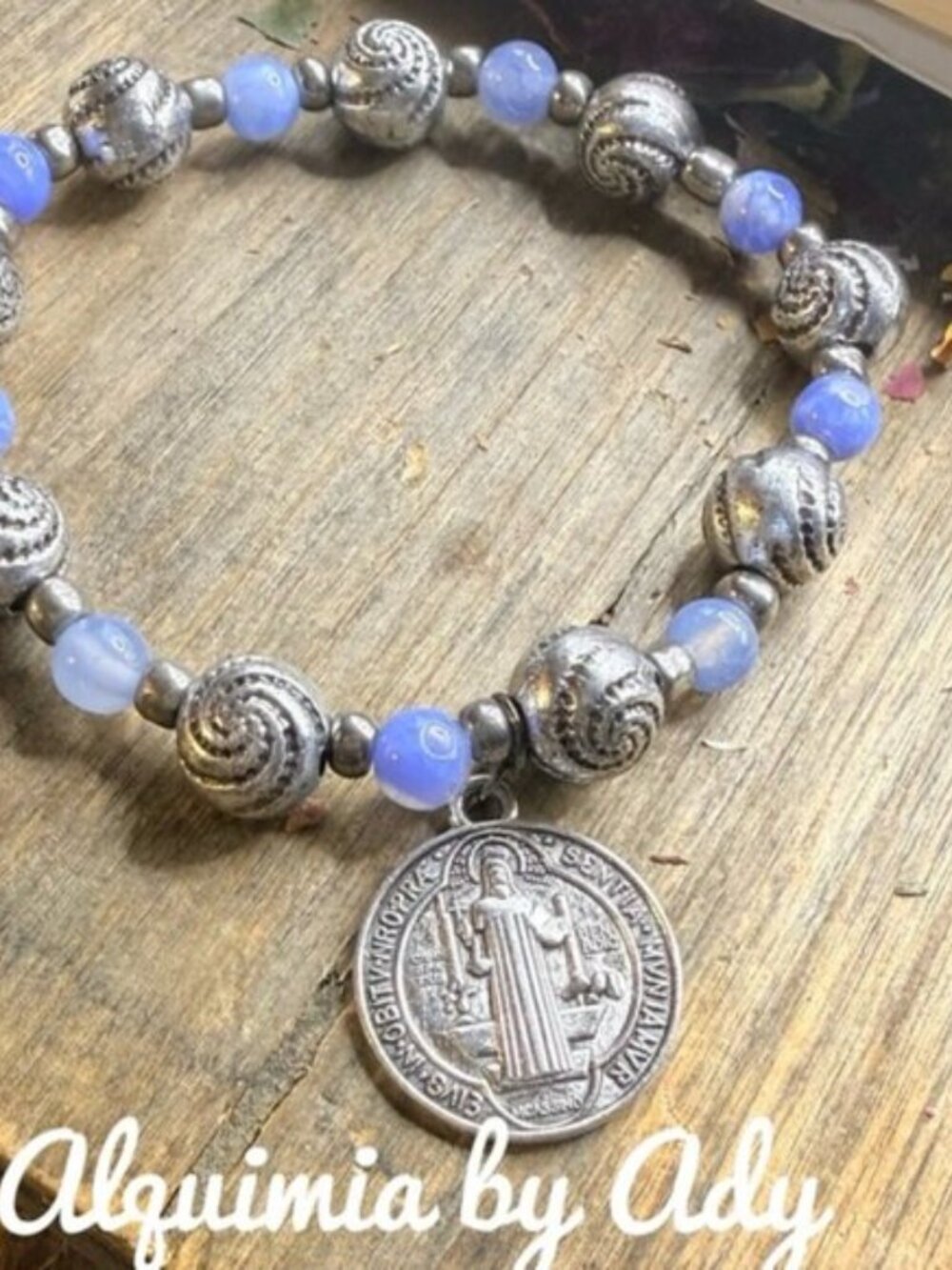AQUAMARINE Lavender-Blue Beaded Saint BENEDICT Medal Bracelet